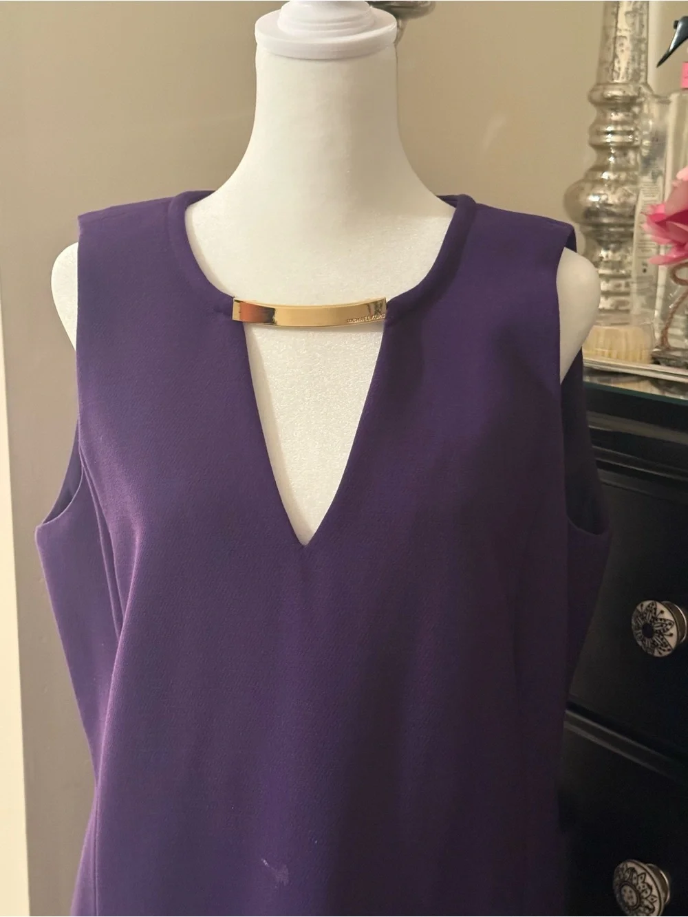 Michael Kors Purple V-Neck Midi Sheath Dress with Gold Accent